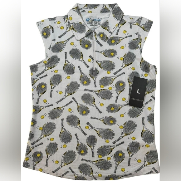 New IBKUL Printed Sleeveless Zip Polo Venus Tennis Racket White Size Large - Picture 3 of 6